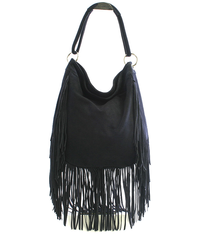 Modrá kožená brúsená kabelka ItalY Aranka so strapcami