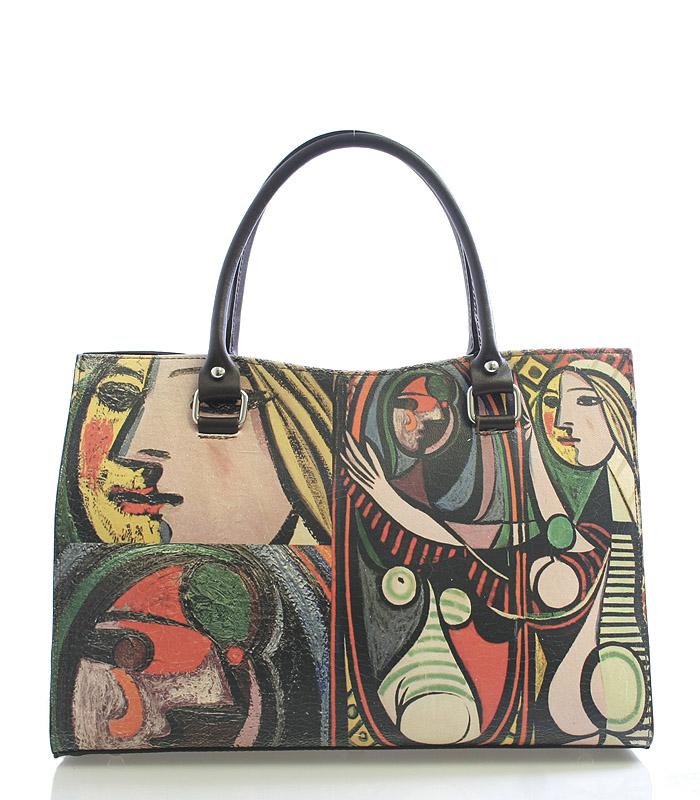 Hnedá kožená kabelka ItalY Picasso s potlačou