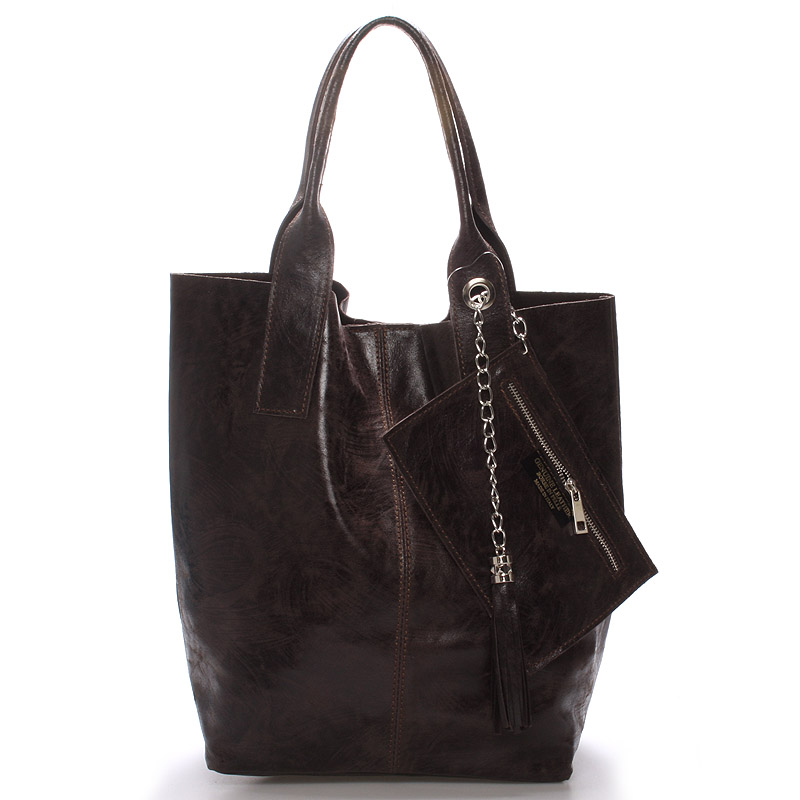 Dámska veľká kožená kabelka shopper hnedá - ItalY Perla