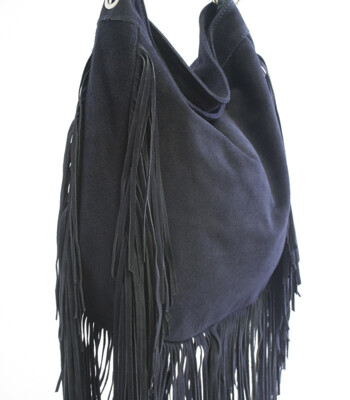 Modrá kožená brúsená kabelka ItalY Aranka so strapcami