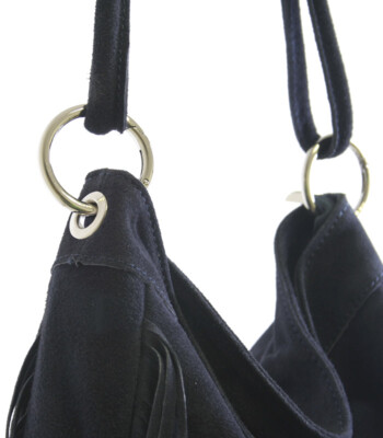 Modrá kožená brúsená kabelka ItalY Aranka so strapcami