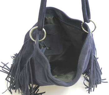 Modrá kožená brúsená kabelka ItalY Aranka so strapcami