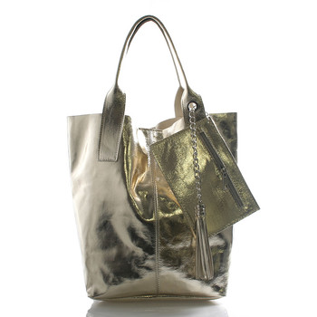 Dámska veľká kožená kabelka shopper zlatá - ItalY Perla