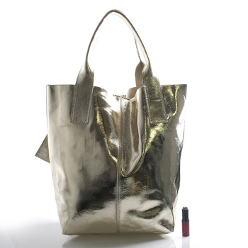 Dámska veľká kožená kabelka shopper zlatá - ItalY Perla